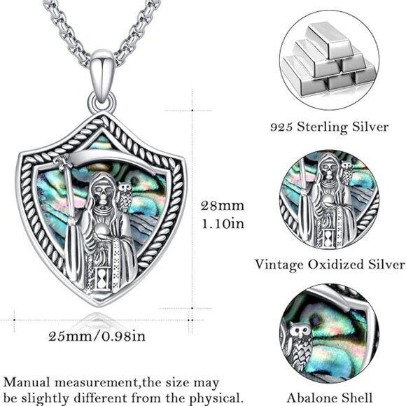 Santa Muerte Necklace Sterling Silver Shield Pendant w/ Abalone Inlay NWT - Picture 6 of 6